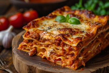 Baked lasagna with a golden brown crust, layers of sauce and pasta are visible.