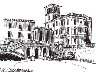 English royal house sketches. Osborne House. English architecture vector drawing. Isolated illustration.