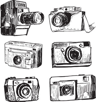 Set of camera sketches. Vintage camera vector isolated drawings. Sketchy style. Black and white illustrations set.
