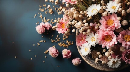 Easter day background with egg ornaments, flowers and minimalist background colors