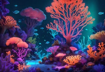 Coral reef illuminated by bioluminescent creatures at night 