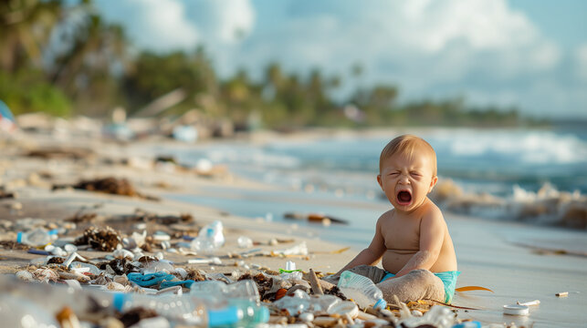 Baby Playing on Polluted Beach: Shocking Image of Ocean Plastic Pollution