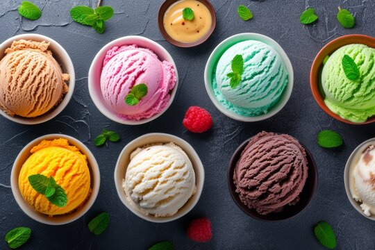 Assorted ice creams in a row in white bowls on dark background