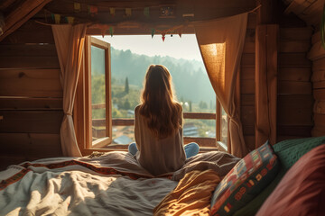 Obraz na płótnie Canvas Adventure young girl in a wooden cabin enjoy landscape through the window. Woman is sitting on bed in ethnic wooden house in room under the roof in the morning.