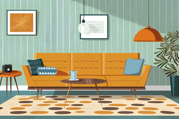 Fototapeta premium mid-century modern interior, highlighting iconic furniture, bold patterns, and a retro color palette. Capture the nostalgic charm of this classic design era
