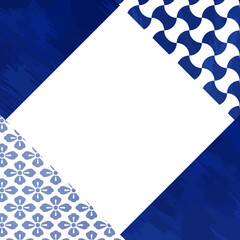 水彩風の和柄パターン、藍・紺色の四角の背景イラスト
