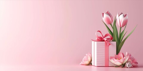 Obraz premium 3D render giftbox and flower banner with copy space. Happy mother day, Birthday party celebration, greeting or invitation card