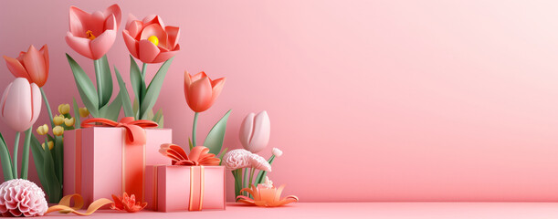 3D render giftbox and flower banner with copy space. Happy mother day, Birthday party celebration, greeting or invitation card