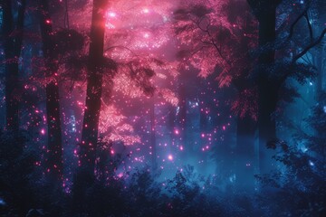 nature leaves wallpaper for desktop. Natural landscape background. Synthwave Style Leaf Background. fantasy forest with fireflies. night forest with fog background. Fantasy landscape forest at night.
