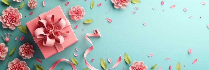 Fototapeta premium 3D render giftbox and flower banner with copy space. Happy mother day, Birthday party celebration, greeting or invitation card
