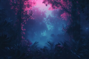 night forest with fog background. Fantasy landscape forest at night. nature leaves wallpaper for desktop. Natural landscape background. Synthwave Style Leaf Background. fantasy forest wallpaper. - obrazy, fototapety, plakaty