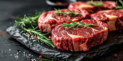 Close-up of raw dry-aged wagyu rib-eye beef steaks on a rustic black board with copy space available, Generative AI 