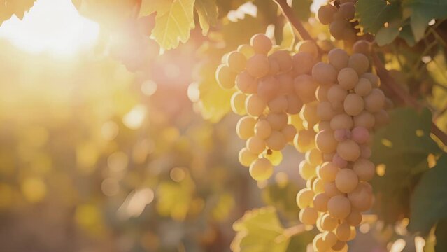 A closeup of ripe plump gs hanging on a vine illuminated by the soft light of sunrise.