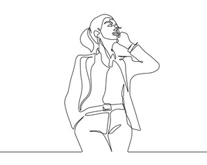 Businesswoman Continuous One Line Drawing. Woman Silhouette Black Sketch Isolated on White Background. Female Portrait Abstract Minimal Art. Vector EPS 10