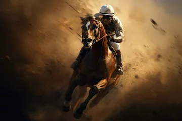 Foto op Canvas A horse and jockey are racing through dust. Generative AI. © serg3d