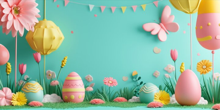 Happy Easter banner and poster template with Easter eggs on blue background, Concept of egg decorating art and egg hunt