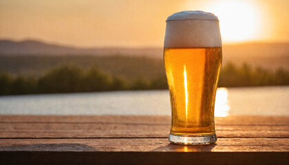 glass of beer on wooden table in a sunset