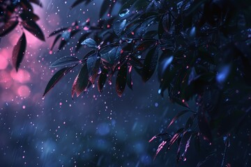 nature leaves with rain wallpaper for desktop. Natural landscape background. neon leaves wallpaper. Synthwave Style Leaf Background. fantasy forest Background. - obrazy, fototapety, plakaty