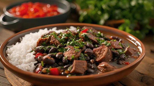 Vibrant reds and greens burst from a bowl of Brazilian Feijoada a hearty and flavorful stew of tender pork and black beans. Paired with a side of fluffy white rice this dish