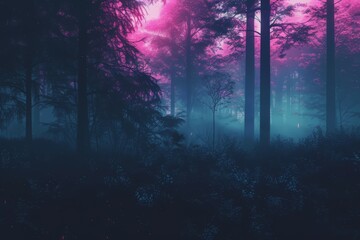 night forest with fog background. Fantasy landscape forest at night. nature leaves wallpaper for desktop. Natural landscape background. Synthwave Style Leaf Background. fantasy forest wallpaper.