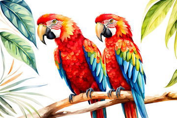 macaw couple illustration. White background. vibrant colors, watercolor style. red, blue, green. leaves