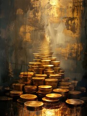 Stacks of gold coins gleam against the mystery of a dark background