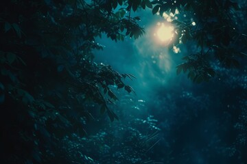 Naklejka na ściany i meble night forest with fog background. Fantasy landscape forest at night. nature leaves wallpaper for desktop. Natural landscape background. Synthwave Style Leaf Background. fantasy forest wallpaper.
