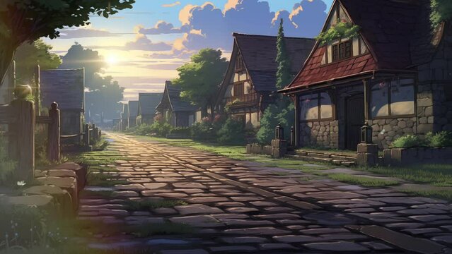 Animated illustration of a rural road at night with traditional house buildings. Digital painting or cartoon anime style, animated background. 4k loop background.