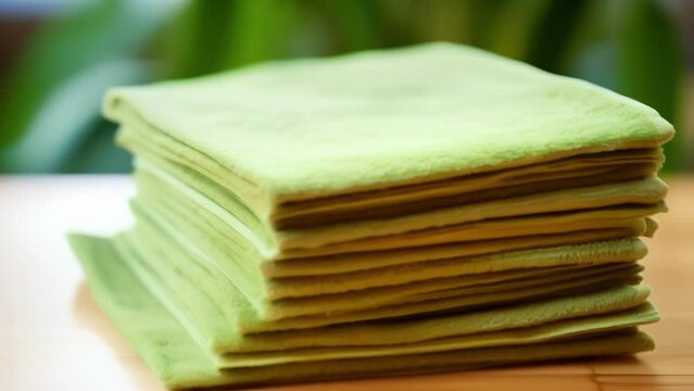 Closeup of a bundle of bamboo cleaning cloths, known for their durability and ecofriendliness.