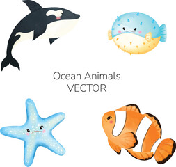 Watercolor Sea Animals Clipart, Cute Ocean Baby Animals
