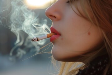 Obraz premium Close-up of female lips with a cigarette