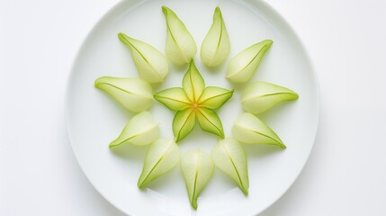 Carambola, on a white round plate, on a white background, top view