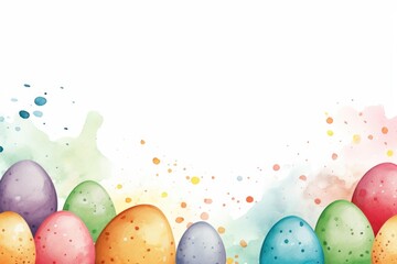Fototapeta na wymiar Holiday frame made of colorful easter eggs on white background. Watercolor minimalistic style. Border for design greeting card, flyer, poster, party invitation with copy space