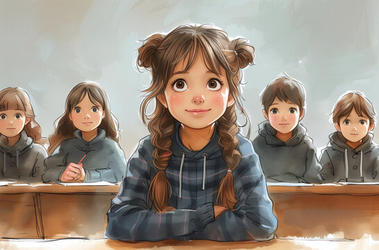A cheerful illustration set featuring a group of schoolgirl characters, each with a unique smile, infusing the world of education graphics with charm and youthful energy