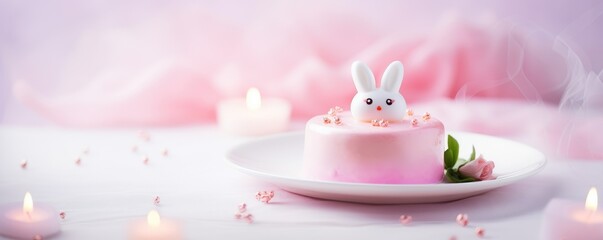 Decorated Easter bunny celebration cake on pink background. Cute cake with bunny as present for children's birthday, party, baby shower. Greeting card, banner, flyer with copy space