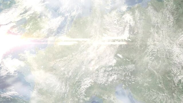 Earth zoom in from space and focus on Lampertheim, Germany. 3D Animation. Satellite view. Background for travel intro. Images from NASA.