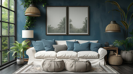 Minimalist style decoration home interior background. Blue tone.