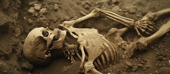 Eerie skeleton laying on the ground with bones exposed, mystery and death concept in haunted setting - obrazy, fototapety, plakaty