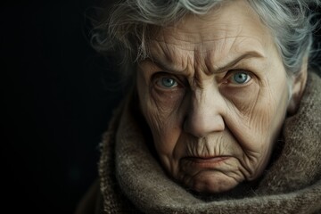 Elderly woman with wrinkled face and skeptical look
