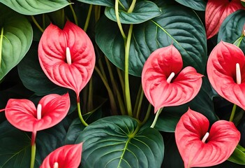 Beautiful Anthurium  flowers with green leaves 