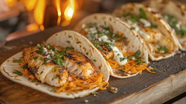 Layers of tender grilled fish drizzled with a y aioli and finished with a sprinkle of cilantro create a mouthwatering taco masterpiece.