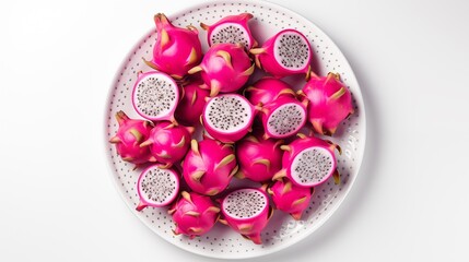 Dragon fruit placed on a circular white plate against a white background, viewed from above.