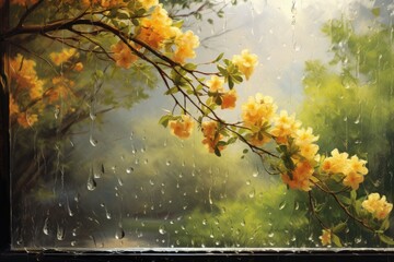 A beautiful flowering branch with yellow flowers under the April rain. Hello summer! - obrazy, fototapety, plakaty