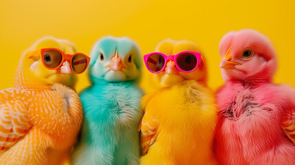 A Group of Funny Chicks Wearing Sunglasses - obrazy, fototapety, plakaty