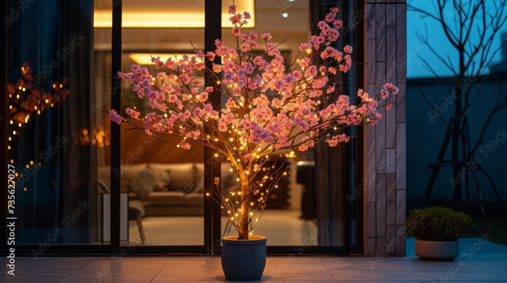 Poster a potted tree with lights on it in front of a window, ai