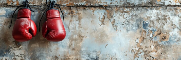 New red boxing gloves hanging on wall - obrazy, fototapety, plakaty