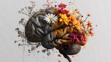 concept of mental health, brain, one part of the brain is covered with bright flowers, the other is dark with wilted flowers - obrazy, fototapety, plakaty