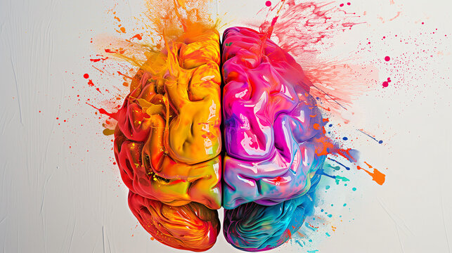 concept of mental health, vibrant and colorful of a human brain, with each hemisphere painted in a different set of colors