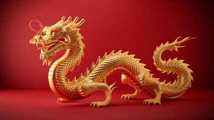 Fototapeta premium Chinese new year dragon statue on red background