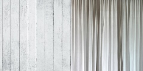 Voile curtain in front of window with grey curtain to side - obrazy, fototapety, plakaty